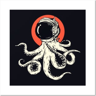 Retro Octopus Astronaut Illustration Posters and Art